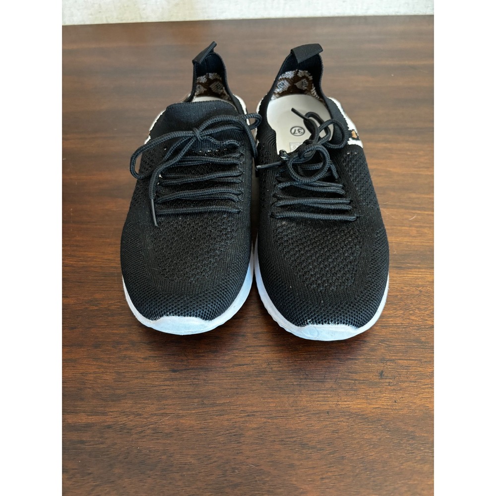 Womens Black Knit Leopard Print Accent Sneakers Lace Up Comfort Shoes Size 37